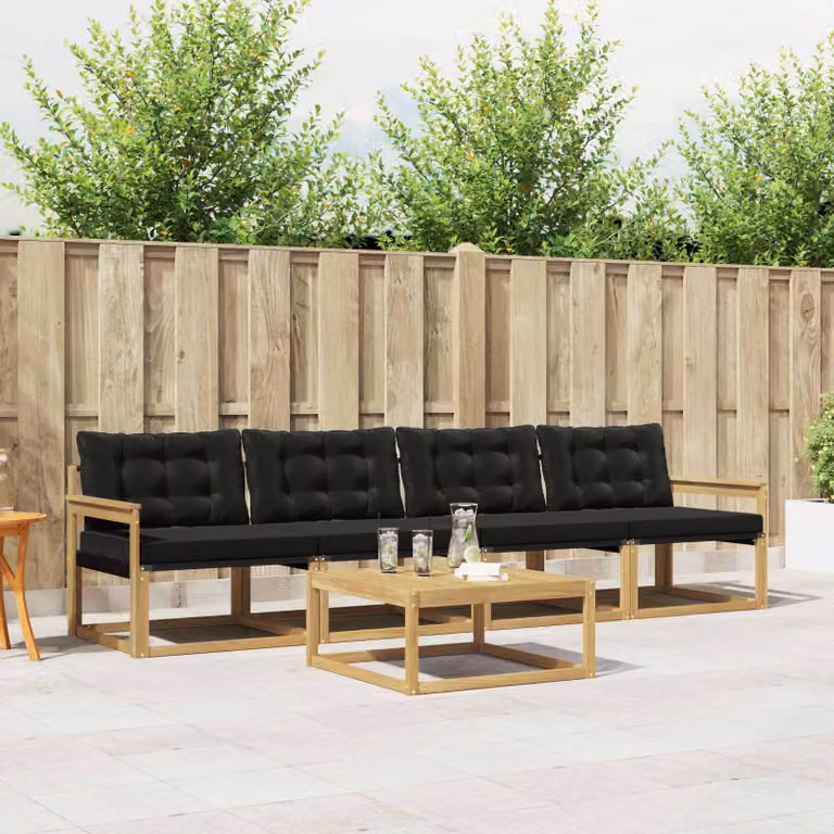 Set di divani da esterno vidaXL 5 pezzi in legno di acacia con tavolino e cuscini, Bianco e Nero