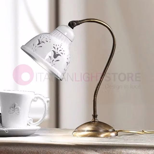 Luce da Tavolo MASSERIA di Ceramiche Borso in Ceramica Bianca e Ottone Oro, Stile Rustico Country, Regolabile