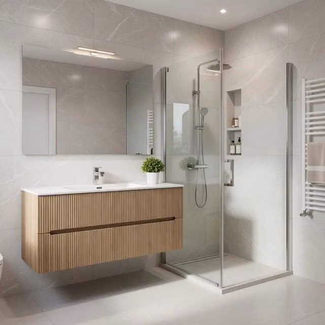 Composizione mobile bagno sospeso con cassetti cannettati mod. STICK di Taco in Rovere Chiaro L: 120 cm, P: 45 cm, H: 46 cm