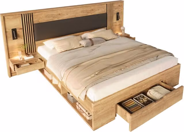 Letto matrimoniale 180x200 cm con cassetto; comodini e luci orientabili in MDF; naturale