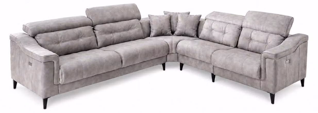 Divano in pelle grigio, elegante e di alta qualità. Divano angolare esclusivo a forma di L, imbottito