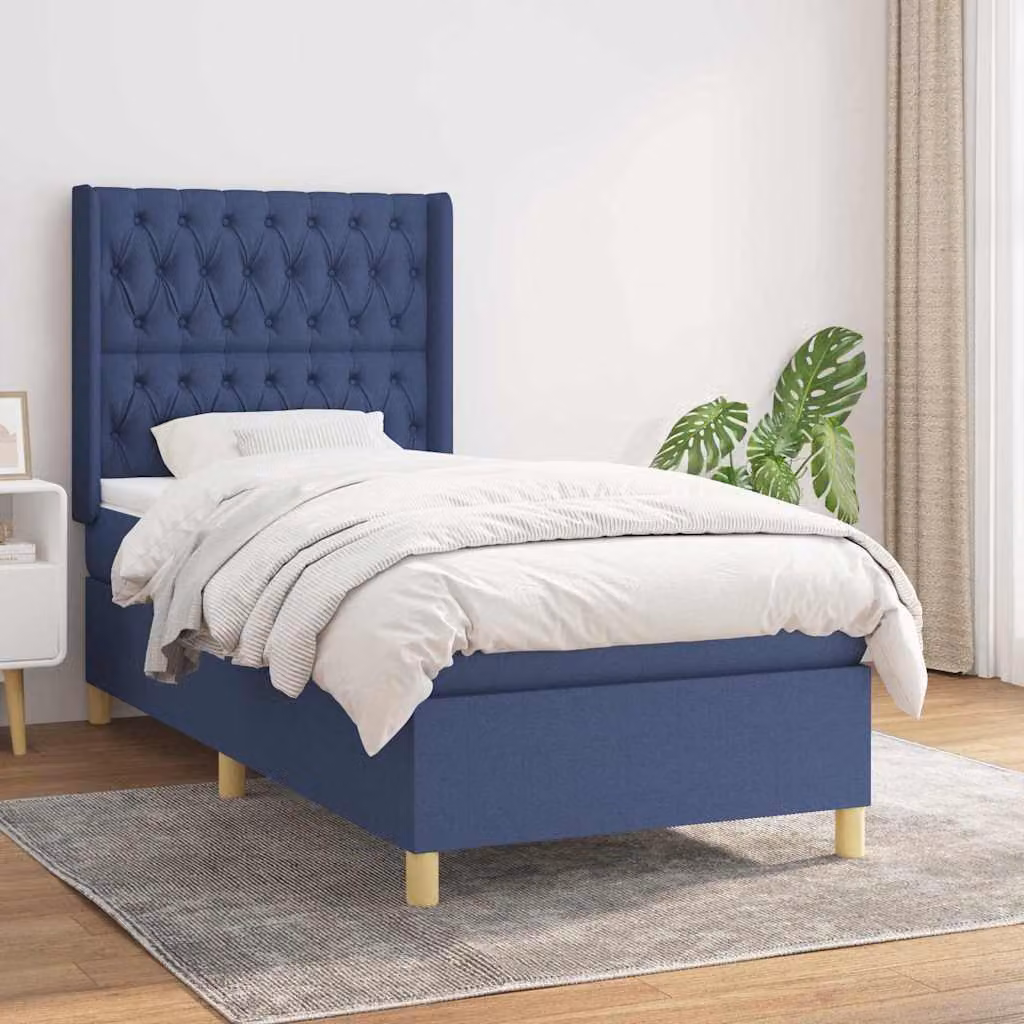 vidaXL Giroletto a Molle con Materasso Ibrido in Tessuto Blu e Bianco L/P/H: 190 x 90 x 128 cm – 1