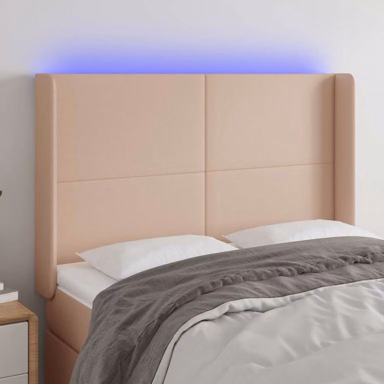 Testiera per letto vidaXL in similpelle color cappuccino con illuminazione LED e porta di ricarica USB, L: 147 cm, P: 16 cm, H: 118/128 cm