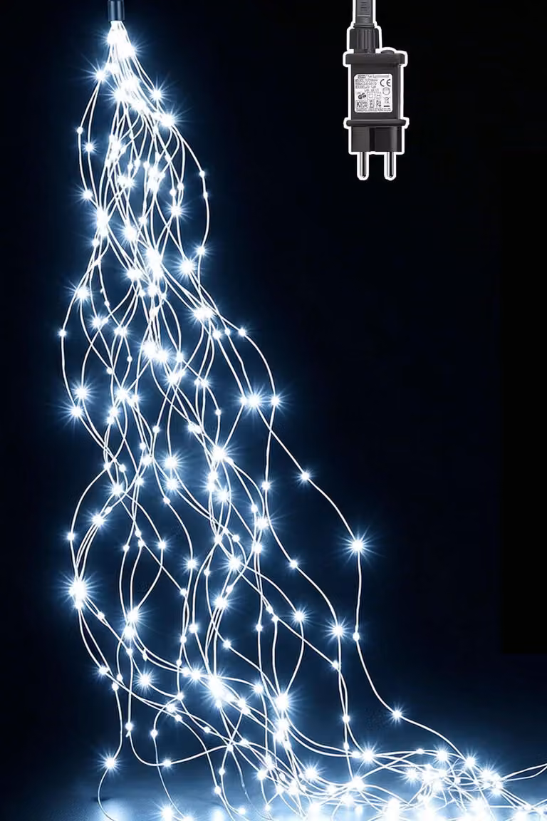 Catena luminosa da 2 metri, 200 LED, luce bianca fredda, timer, 8 modalità, grado di protezione IP65