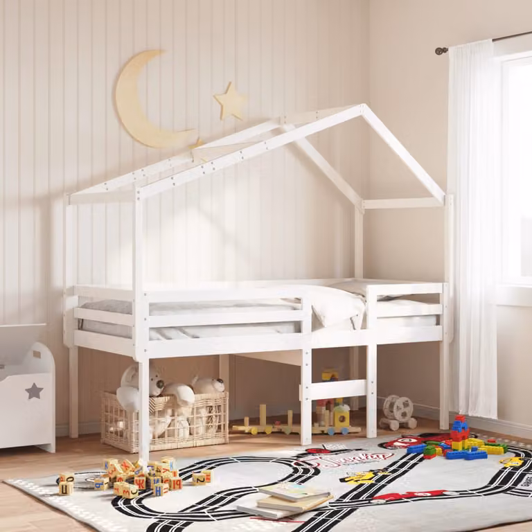 vidaXL Letto a Soppalco per Bambini con Tetto a Casetta in Legno di Pino Bianco L/P/H: 190 x 90 x 142 cm