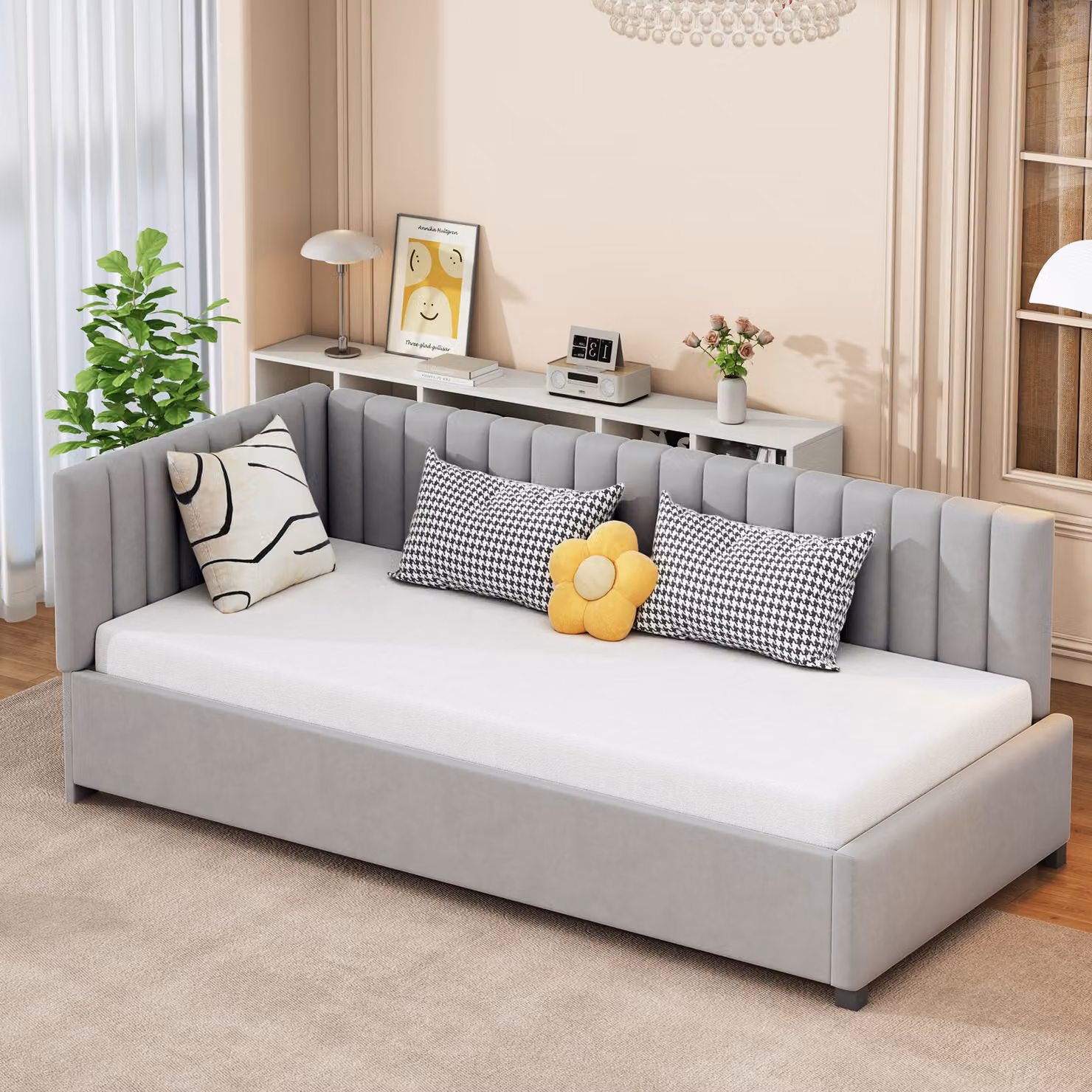 Divano letto MODFU 90x200 cm con rete a doghe, letto in legno, daybed, lettino per bambini, letto per ragazzi, grigio (senza materasso)