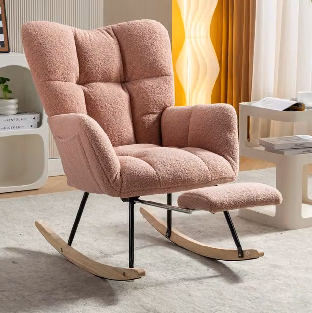 Sedia a Dondolo in Tessuto Teddy 80x98x98;5 cm con Poggiapiedi Pieghevole Rosa per Soggiorno e Camera