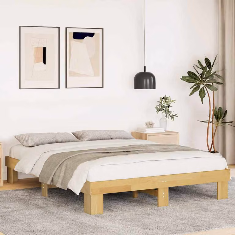 vidaXL Struttura letto in legno massello di rovere color marrone con doghe fisse L: 138 cm, P: 193 cm