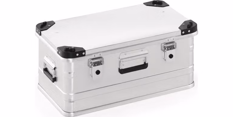 Cassetta in alluminio L582xL385xH275mm 47 l con coperchio incernierato e angoli impilabili
