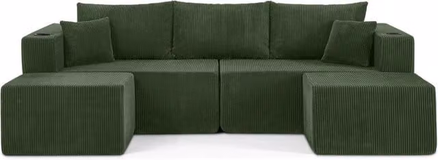Divano angolare modulare 3 posti in tessuto di velluto a coste beige con portabicchieri, tasca laterale e pouf mobili