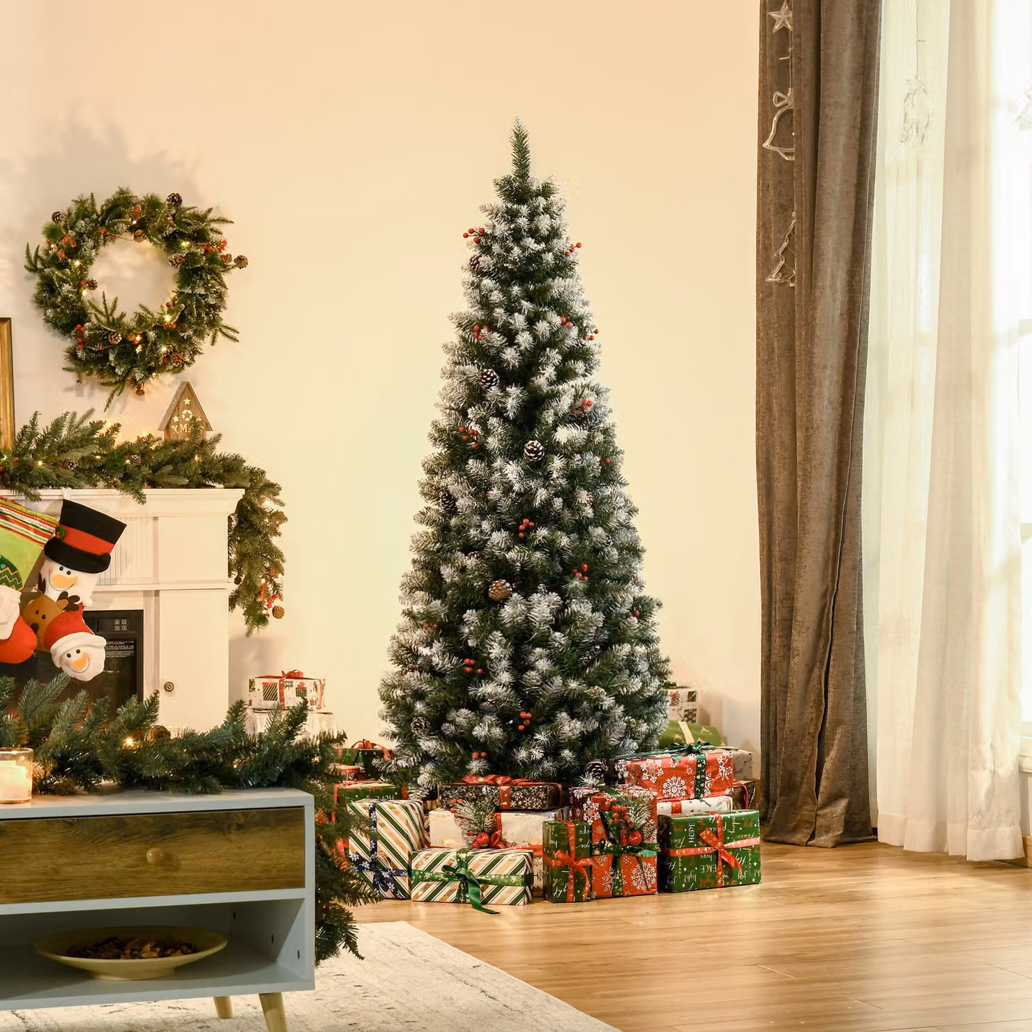 Albero di Natale artificiale innevato con bacche rosse e pigne bianche Aosom, colore bianco e verde, H 180 cm, Φ 65 cm – 2