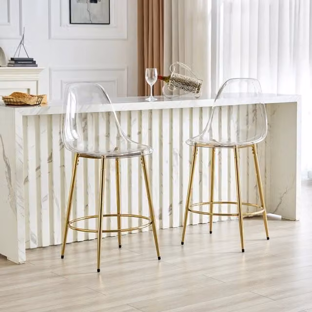 Sgabello da bar trasparente 2 pezzi con schienale ergonomico e seduta 66 cm, gambe in metallo oro, plastica trasparente