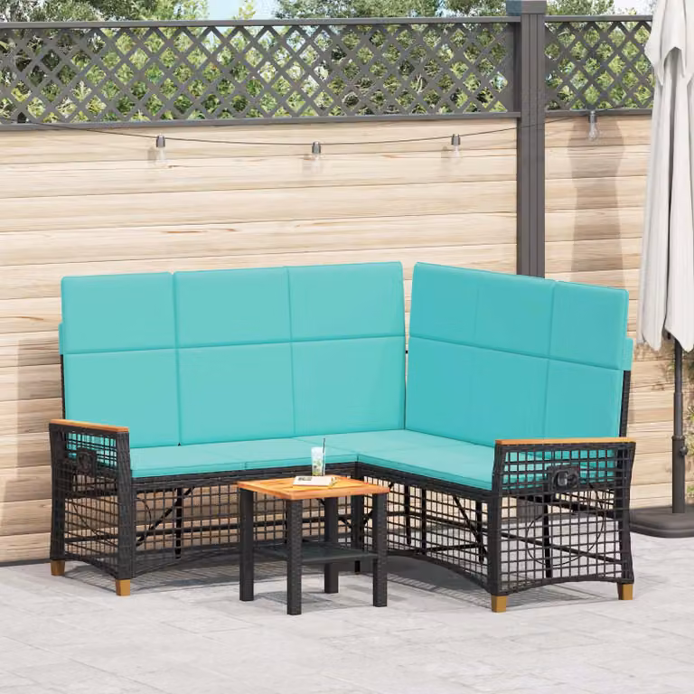 Set di divani da giardino vidaXL a forma di U con 5 posti, colore nero e turchese, struttura in metallo e cuscini inclusi
