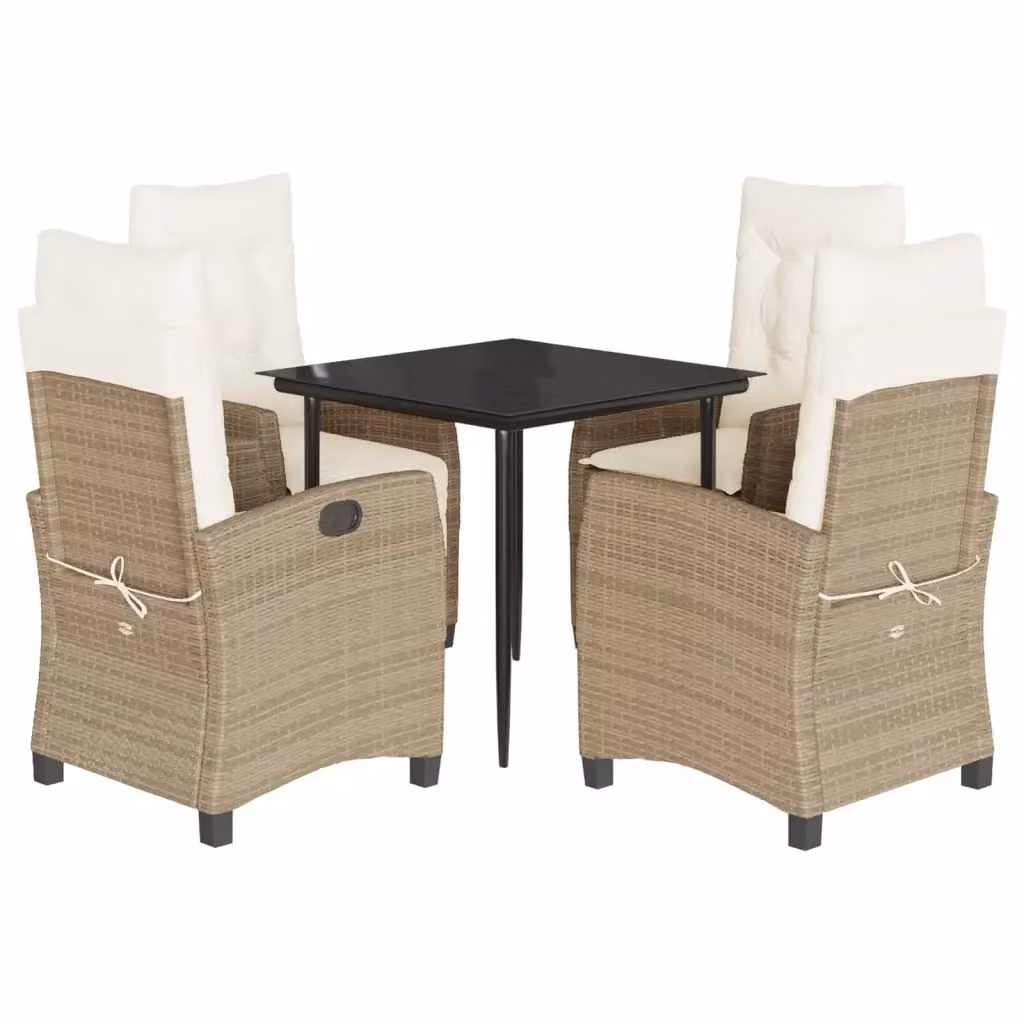 Set da Pranzo da Giardino vidaXL in Polyrattan con Cuscini Beige e Tavolo in Vetro 5 pz – 2