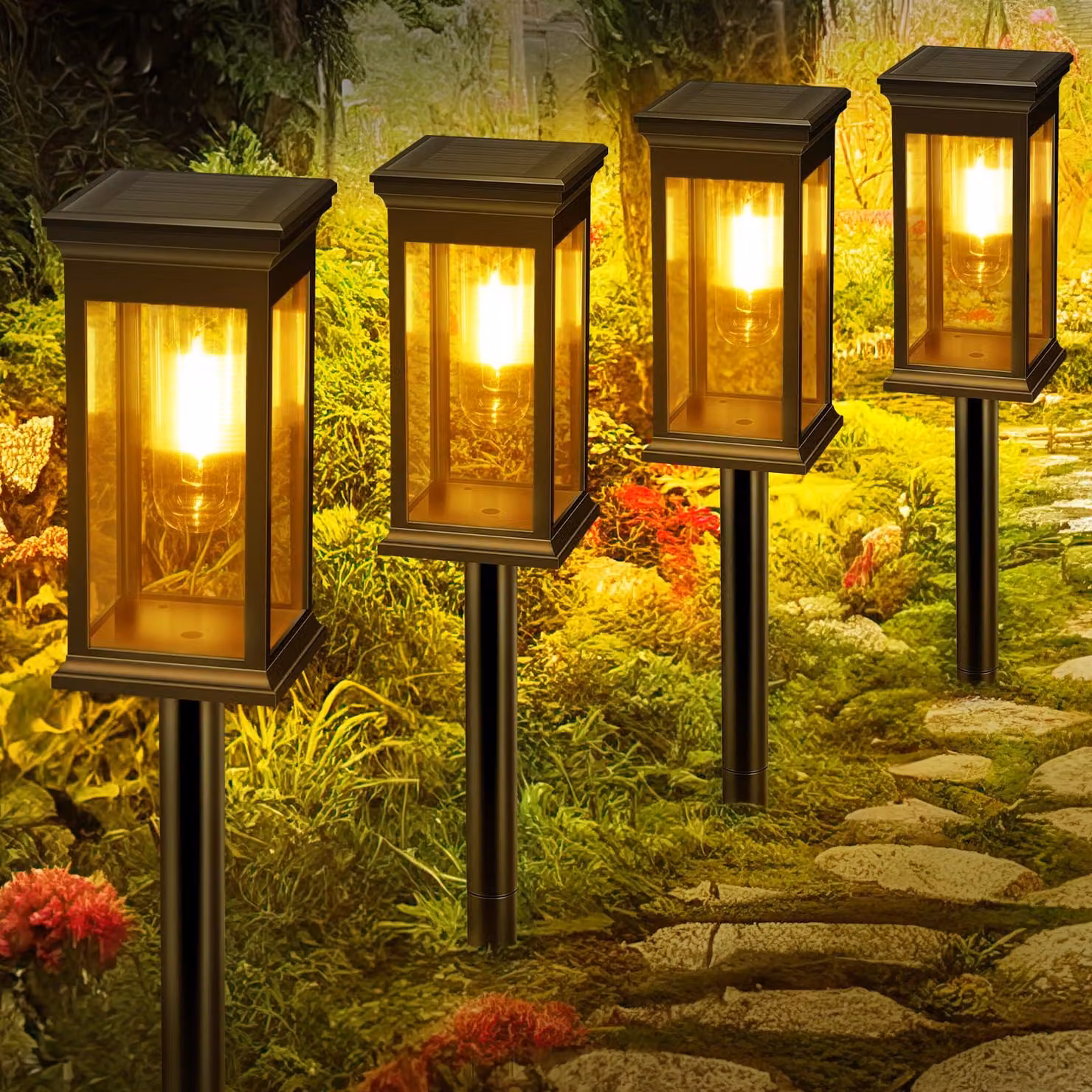 Set di 4 lampade da esterno a energia solare, luce bianco caldo, 800 mAh, grado di protezione IP65, ideali per giardino e terrazza