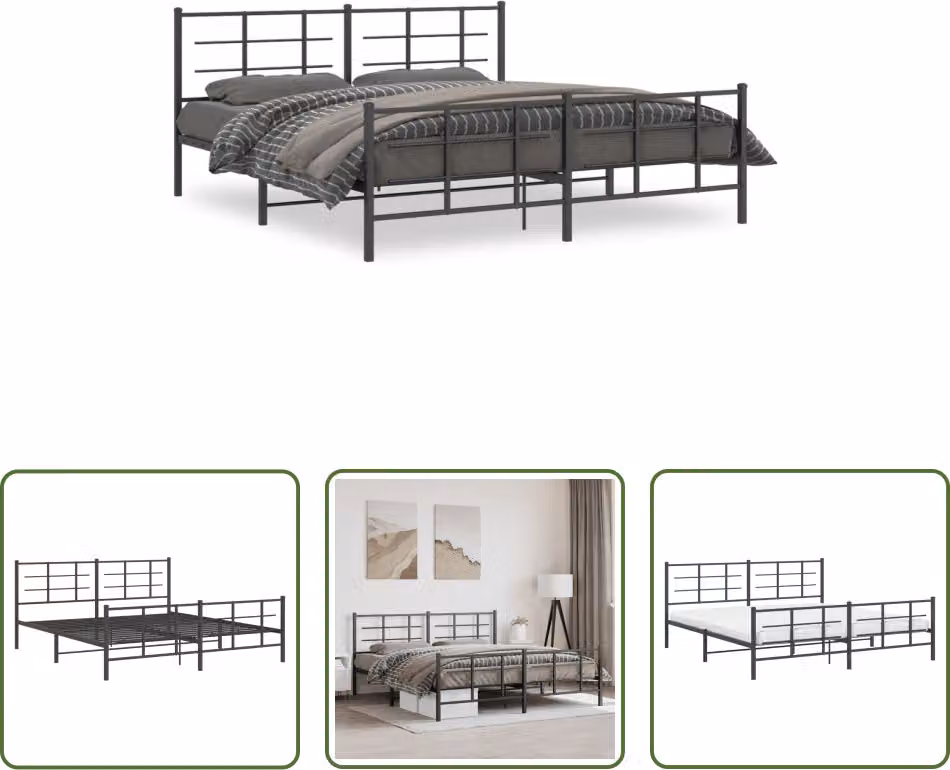The Living Store Struttura letto con testiera e pediera in metallo nero 183x213 cm
