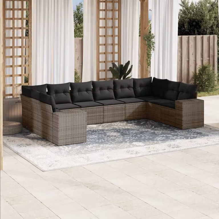 vidaXL Set Divano da Giardino 10 pz in Polyrattan Grigio con Cuscini Imbottiti e Rivestimenti Rimovibili