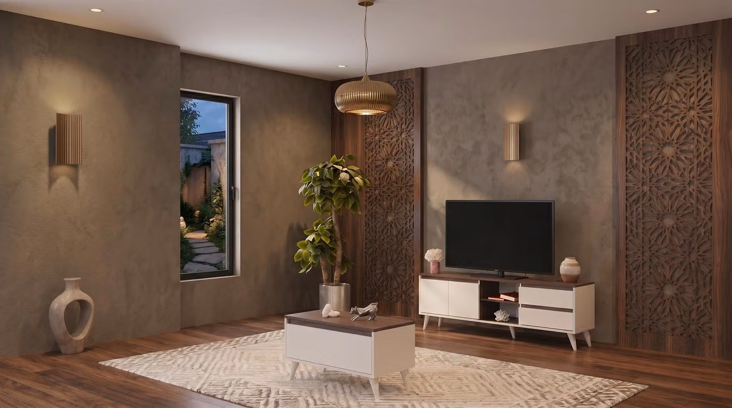 Set per soggiorno beige-marrone: mobile TV, tavolino e divano