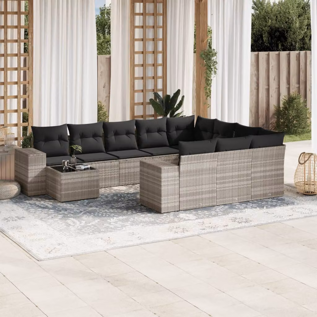 vidaXL Set Divani da Giardino 11 pz con Cuscini in Polyrattan Grigio e Tavolino da Esterno – 1