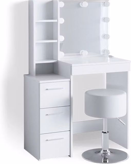 Tavolo da toeletta Meryl Bianco 80 cm con specchio, catena luminosa LED e sgabello Vicco