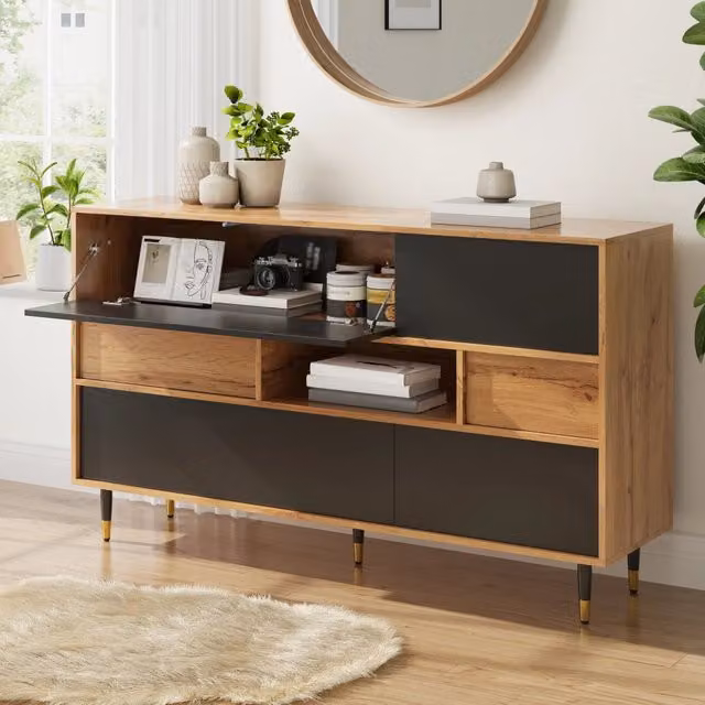 Credenza con 2 cassetti vano aperto ante a ribalta e laterali in MDF nero naturale 140 × 40 × 84;5 cm
