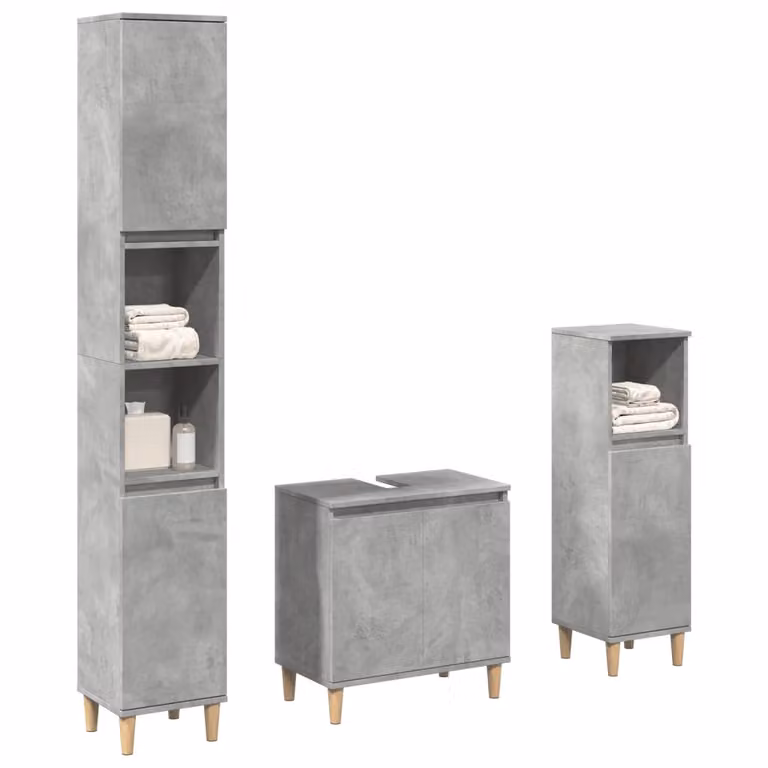 Set di mobili da bagno vidaXL in 3 pezzi grigio con finitura opaca in legno multistrato, composto da mobile lavabo, colonna alta e pensile a parete