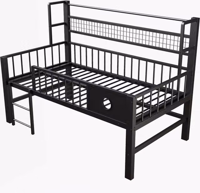 Letto a castello basso per bambini 90x200 cm con struttura in metallo, rete portaoggetti e barra appendiabiti, colore nero