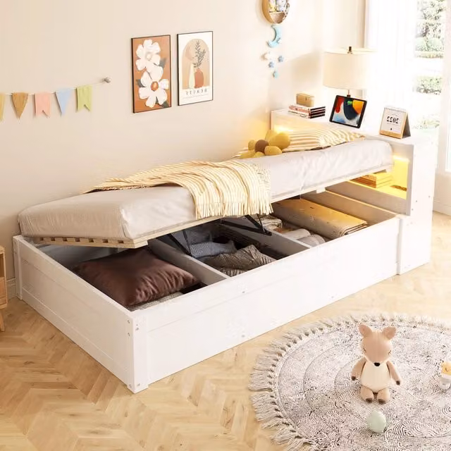 Letto con contenitore ¨C Minimal ¨C bianco, legno massello, 90x200cm, idraulico, con LED