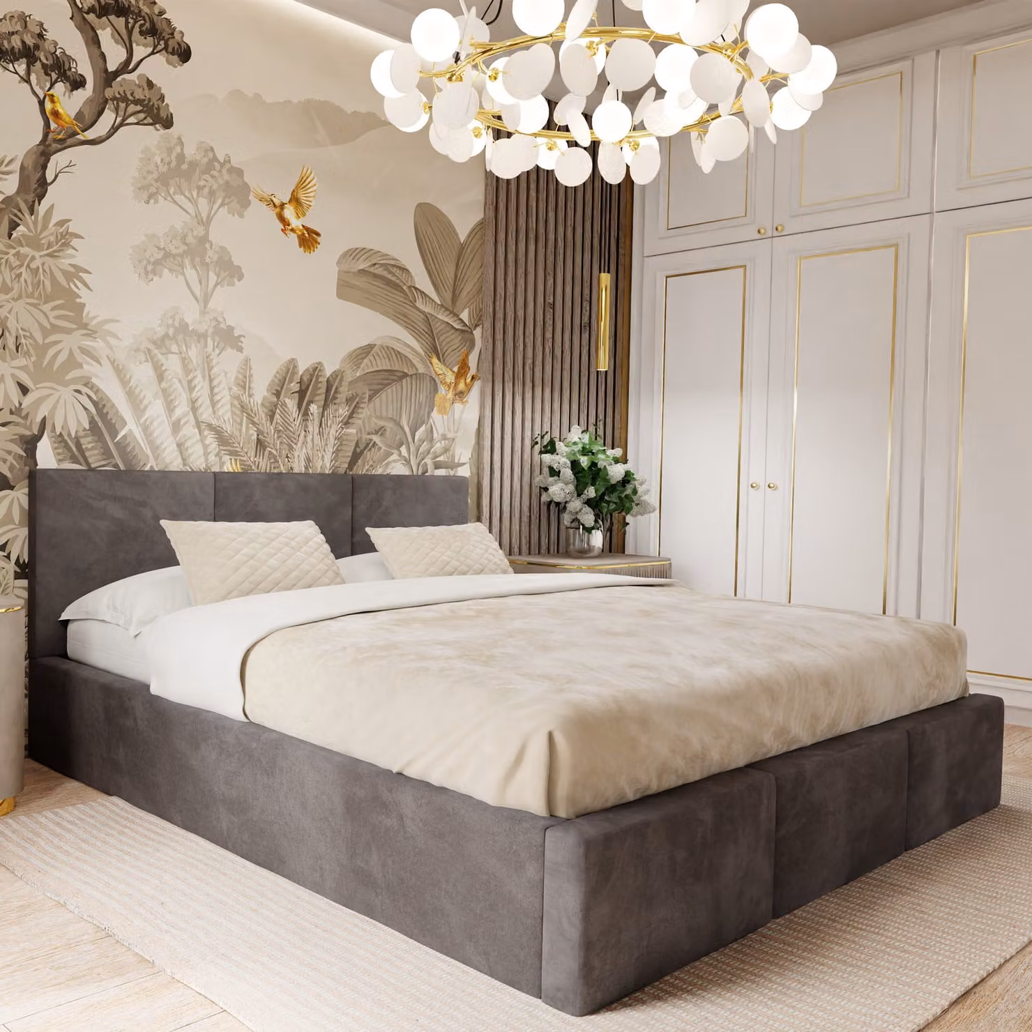 Muralo Letto imbottito per camera da letto Letto imbottito con rete e molla a gas Letto con testiera imbottita Letto 120x200 Letto con contenitore Grafite