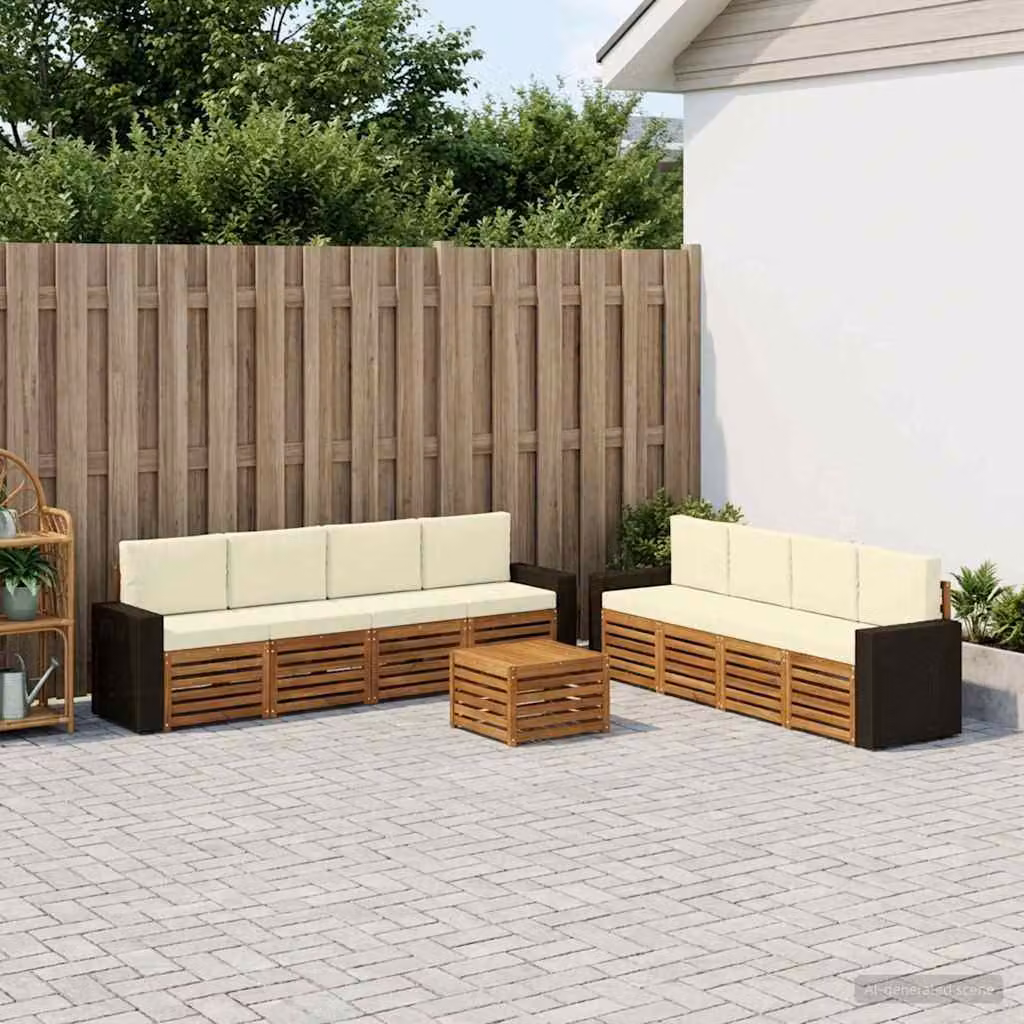 Set di divani da esterno vidaXL 9 pezzi in legno di acacia con cuscini, colore beige, bianco e marrone