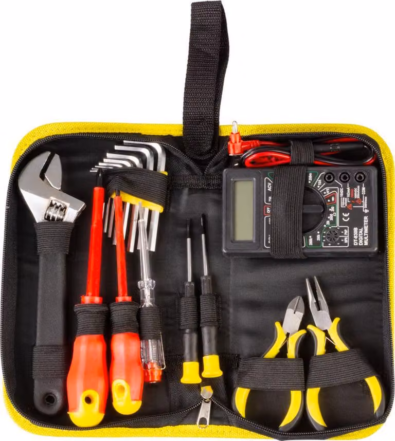 Set di attrezzi Strend Pro CMT-05.0215, 15 pezzi, per elettricista + multimetro, in borsa