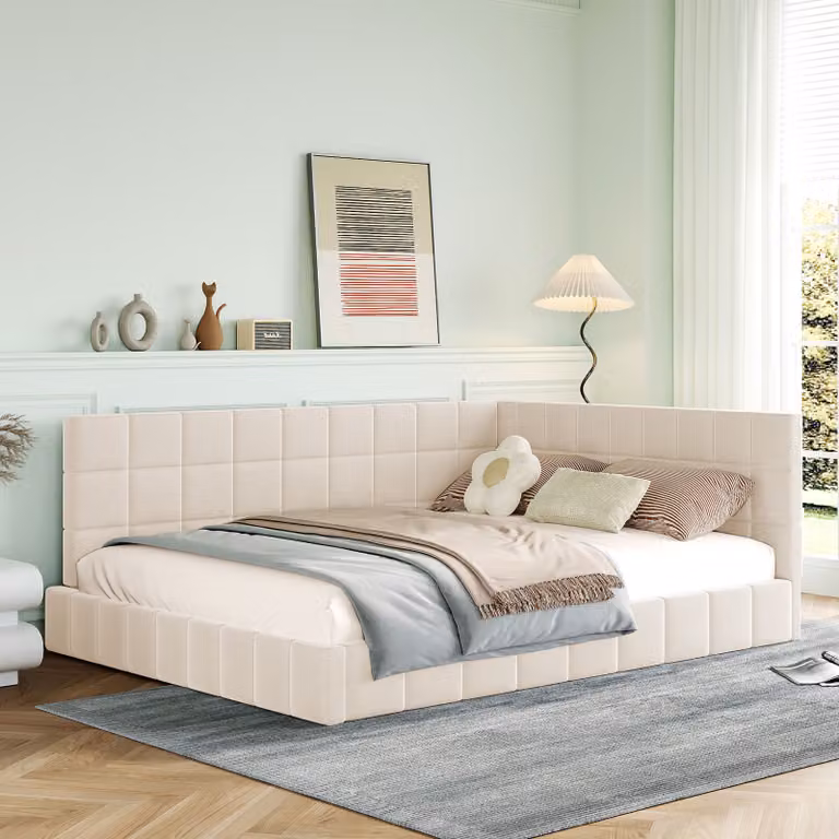 Letto imbottito Flieks 140x200cm con rete a doghe, divano letto con schienale regolabile, letto matrimoniale letto per ospiti letto per ragazzi, velluto, beige