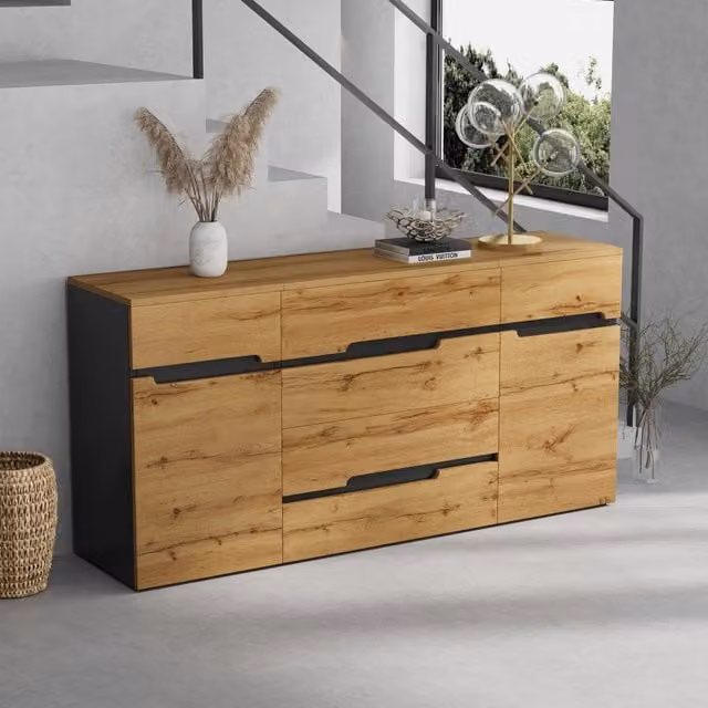 MADIA 160x40x80 cm in Truciolato Nero e Effetto Legno con 2 Ante e 4 Cassetti