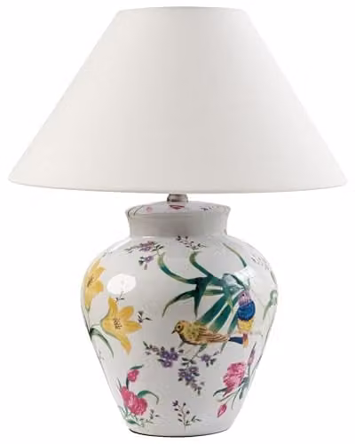 Beliani Lampada da tavolo elegante con base in porcellana Patten floreale Paralume a campana in lino Illuminazione bianco