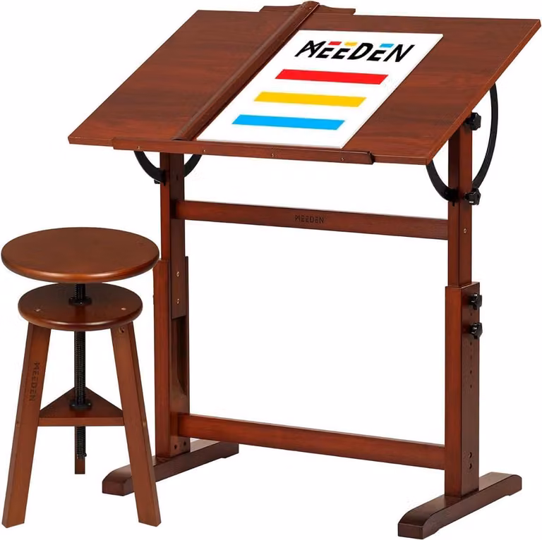 Tavolo da disegno MEEDEN vintage in legno con sgabello per artisti 96 x 60 cm regolabile in altezza