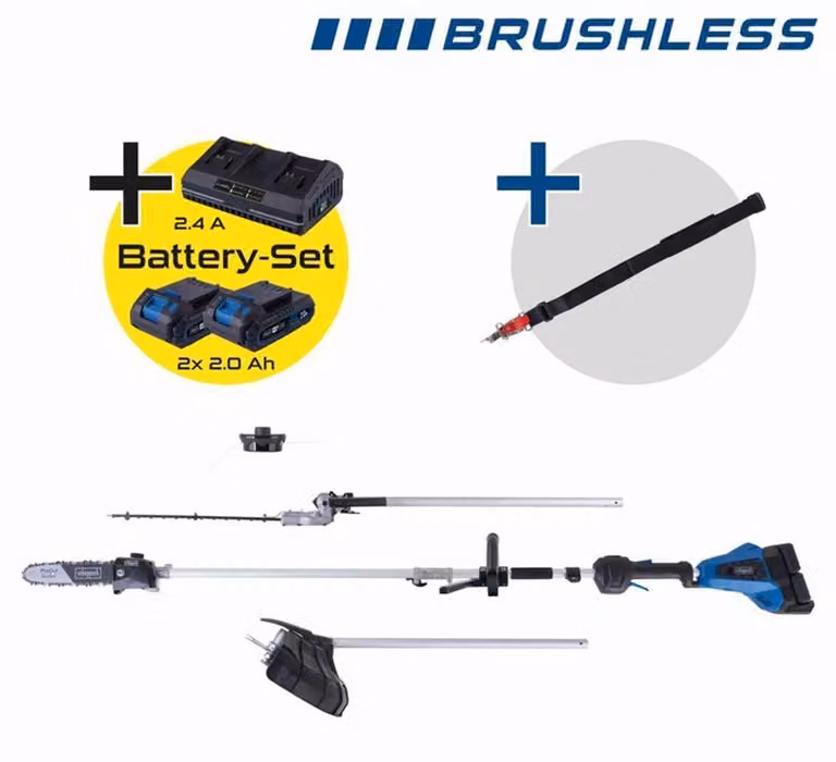 SCHEPPACH BC-MFH400-X: dispositivo multifunzione a batteria 4-in-1: tagliaerba, potatore per siepi, decespugliatore e motosega, senza spazzole, sistema IXES 20V, incluso kit di avviamento da 2Ah