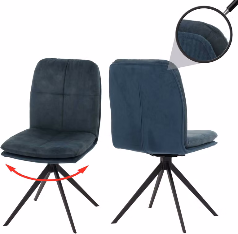 set di 2 sedie per sala da pranzo HWC-M68, poltrona da cucina, posizione girevole automatica, metallo tessuto/tessuto ~ blu