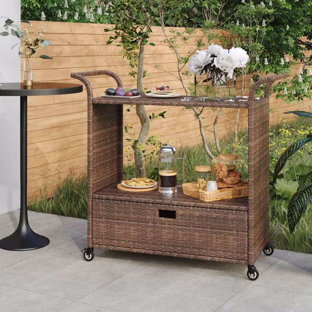 vidaXL Carrello da Bar Moderno in Polyrattan Marrone con Cassetto e Ruote L/P/H: 100 x 45 x 97 cm