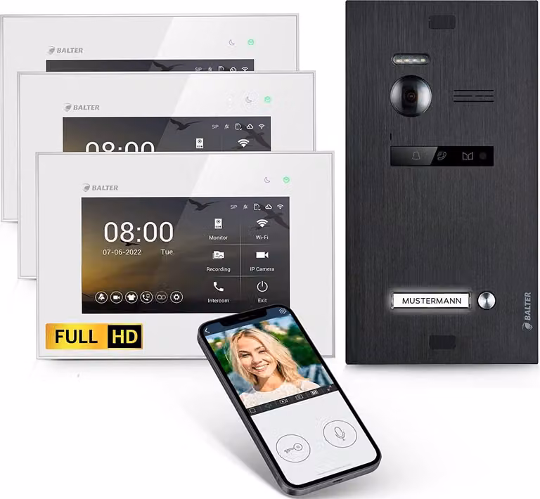 Videocitofono HD con app per smartphone per abitazioni monofamiliari, 2x monitor, Balter EVO HD WLAN nero