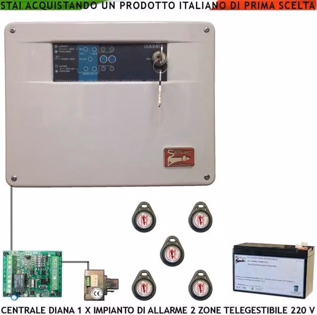 Centrale Antifurto Securvera Diana 2 Zone con Batteria 12V 7Ah, Impianto Filo e GSM, Colore Bianco