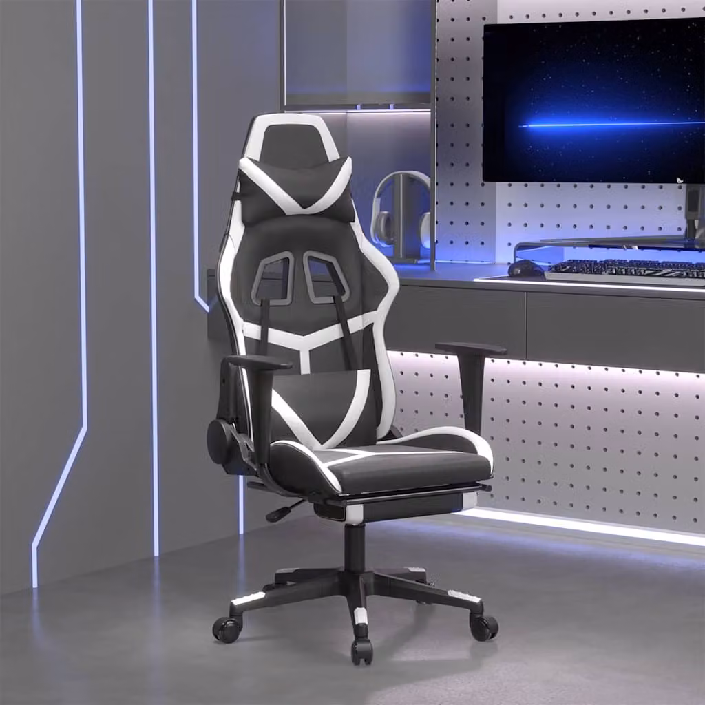 Sedia Gaming vidaXL con Massaggio e Poggiapiedi, Rivestimento in Similpelle, Nero e Bianco