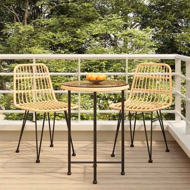 Set da Pranzo da Giardino Moderno vidaXL in Polyrattan Beige con Tavolo Rotondo in Vetro, 3 Pezzi