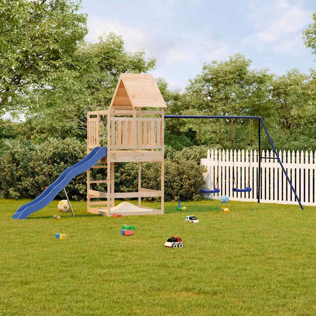 vidaXL Set da Gioco da Esterno in Legno Massello con Scivolo, Altalena, Sabbiera e Tenda Multicolore