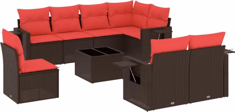 Set Divani da Giardino 9 pz con Cuscini Marrone in Polyrattan