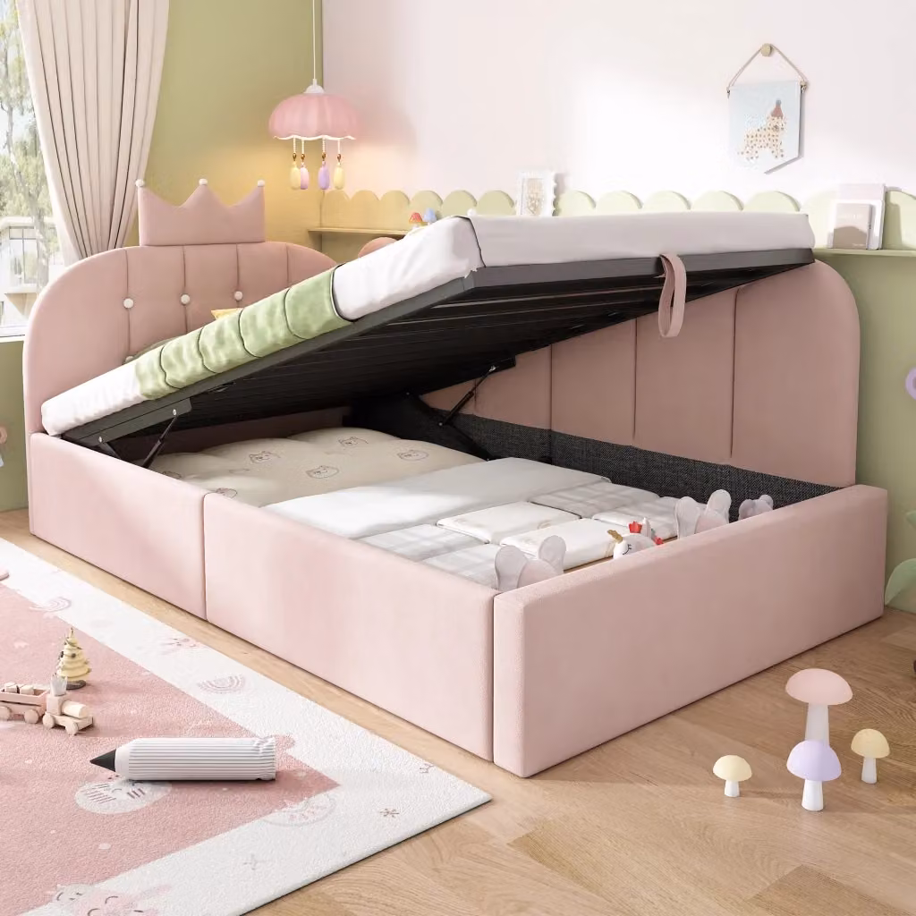 Letto contenitore per bambini OKWISH in velluto rosa con sollevamento idraulico L/P/H: 200 x 90 x 96 cm – 2