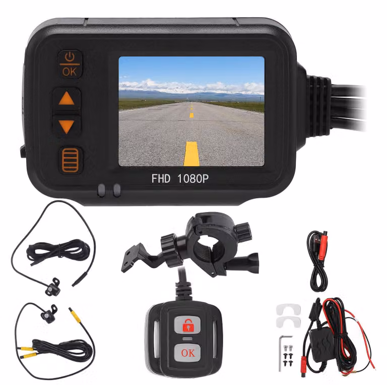 Dashcam per moto, display da 2 pollici anteriore e posteriore, doppia fotocamera, 1080P + 720P, resistente alla pioggia, multifunzionale
