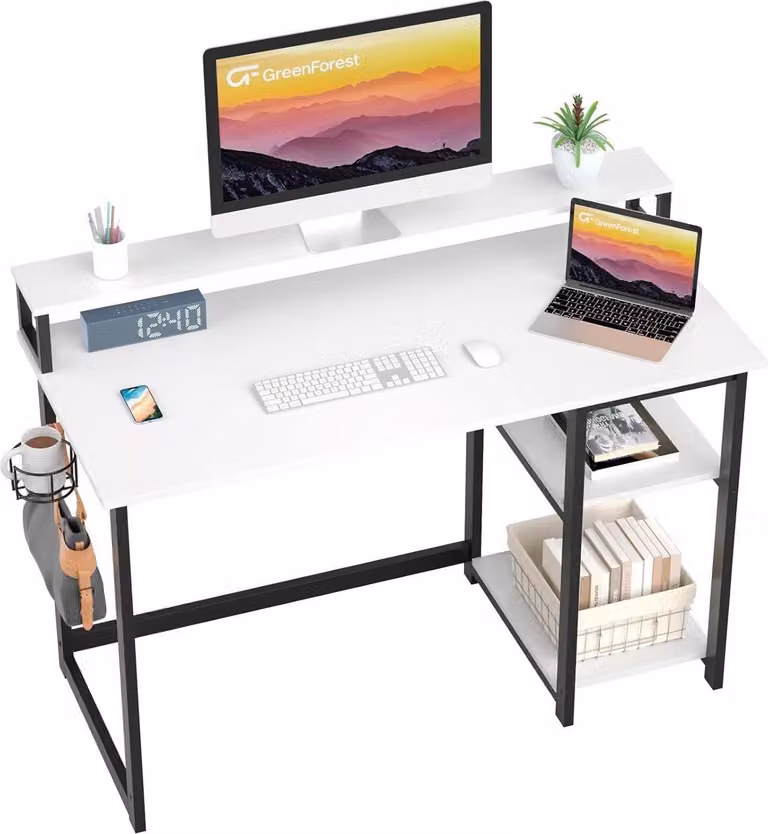 Scrivania 100 x 50 cm bianca con ripiano e supporto per monitor