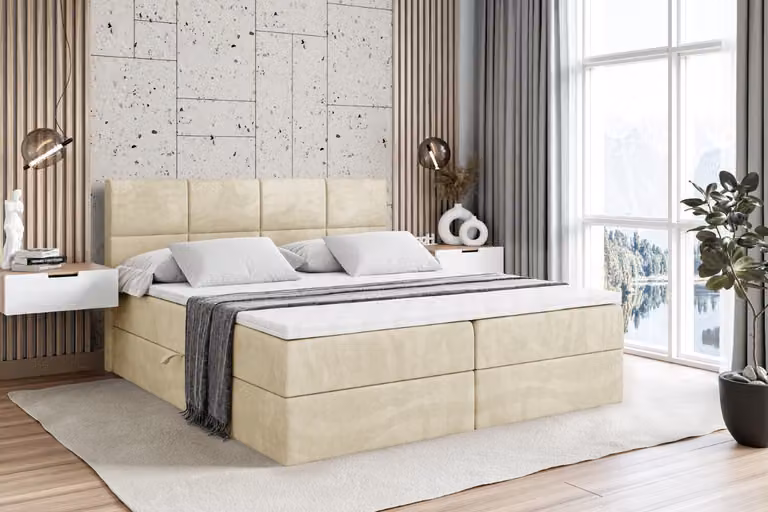 ALTDECOR Letto boxspring ARDENI, letto imbottito con testiera e contenitore - Materasso di media rigidità (H3) - 120x200 - Velluto beige