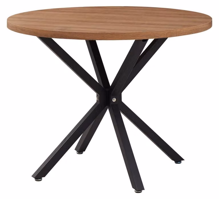 Tavolo rotondo da pranzo, diametro 100 cm, color marrone scuro, con gambe in metallo nero, adatto per 4-6 persone