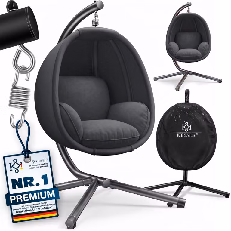 KESSER® Luxe: poltrona sospesa con struttura + morbido cuscino di seduta, imbottitura laterale, cuscini per seduta e schienale; cesto sospeso per interni ed esterni, dondolo da giardino, poltrona sospesa con base stabile, max. 150 kg